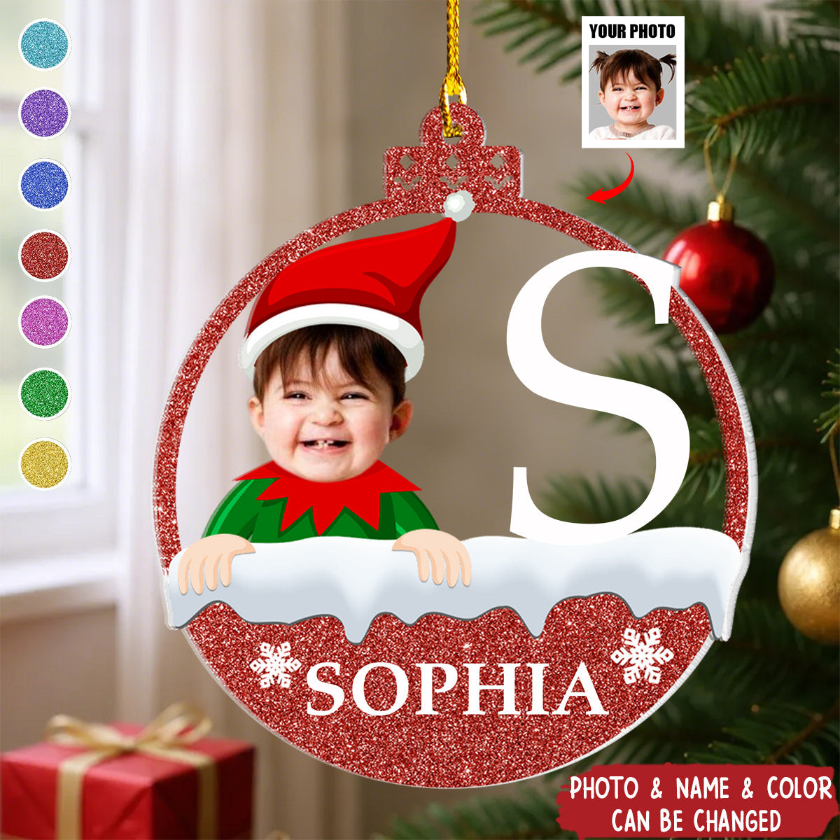 Christmas Elf Monogram Kid - Personalized Acrylic Photo Ornament