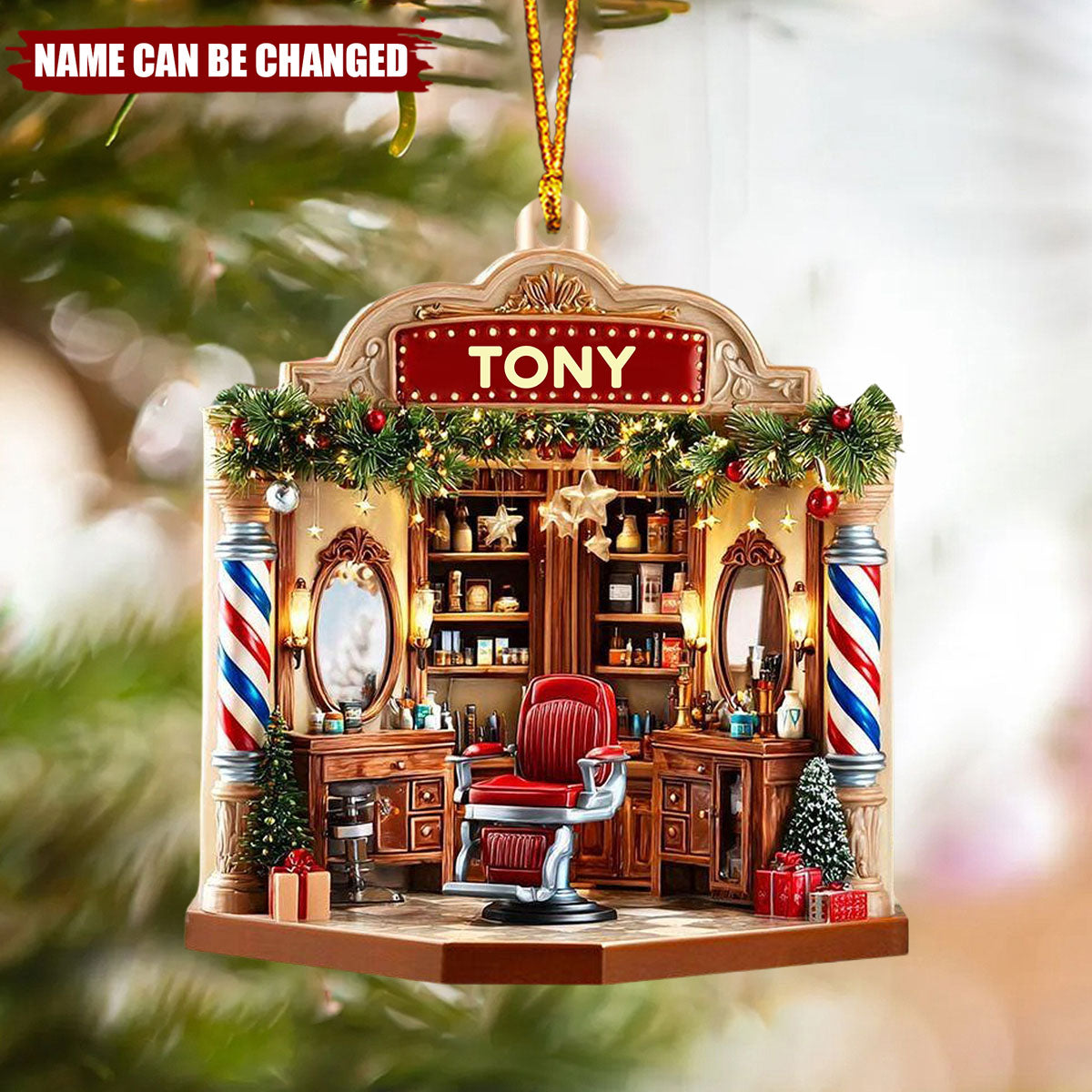Personalized Barber Shop Acrylic Ornament, Barber Salon Christmas Decor Gift Barber Lovers