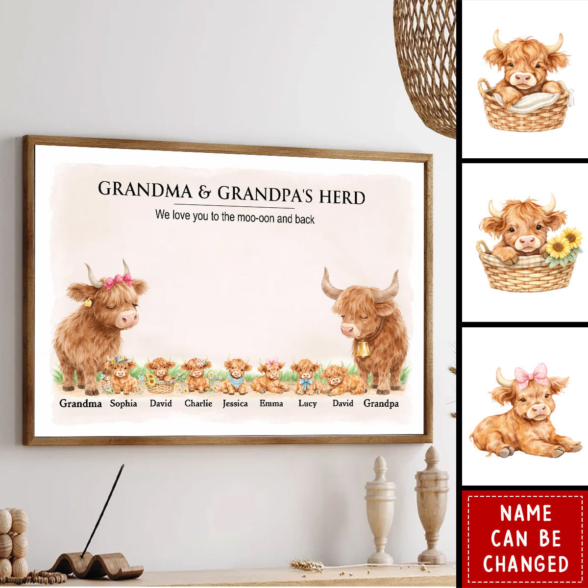 Grandma and Grandpa's Herd Highland Cow Family - Personalized Poster - Gift for Grandma, Grandpa