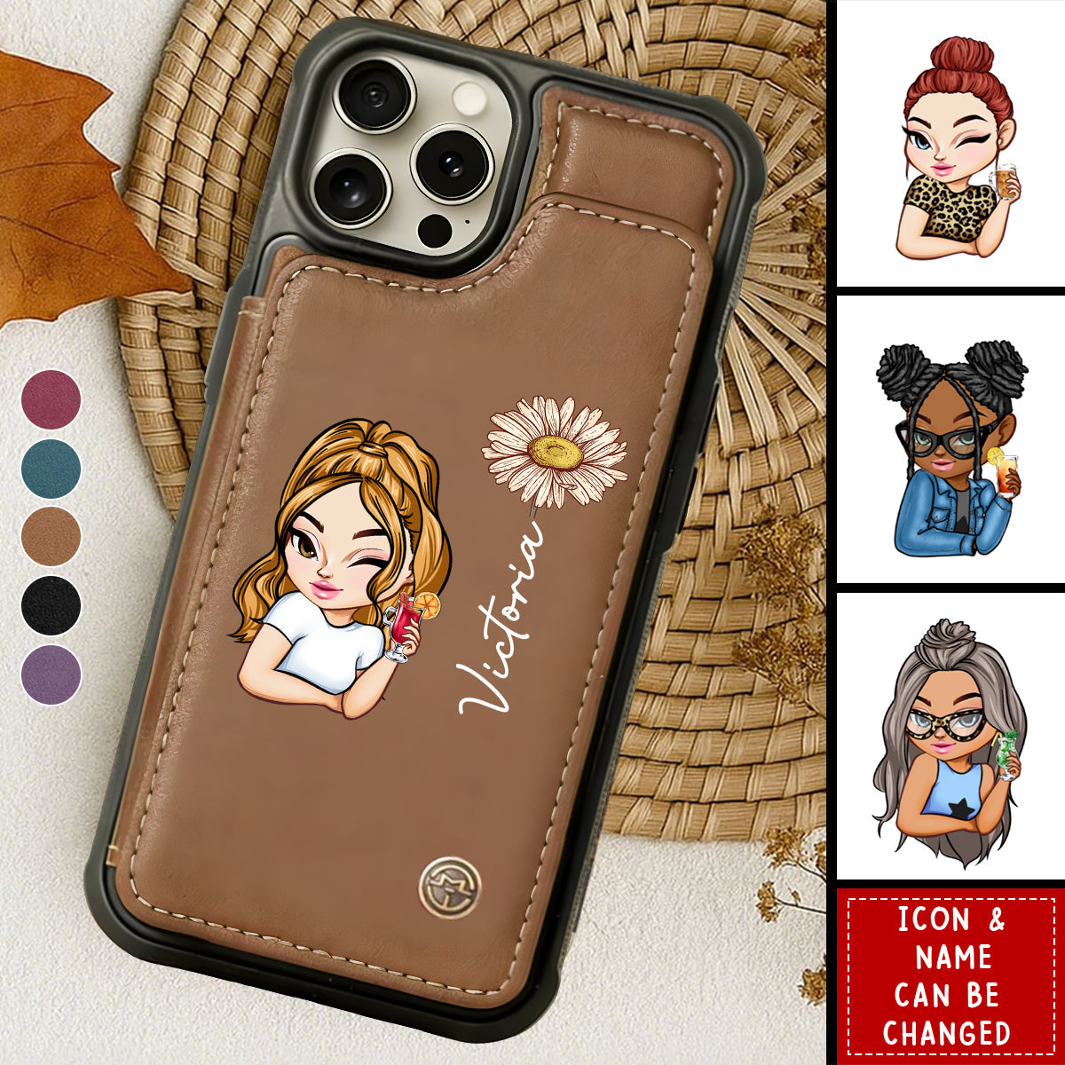 Sassy Girl Cartoon Character - Personalized Leather Flip Wallet Phone Case