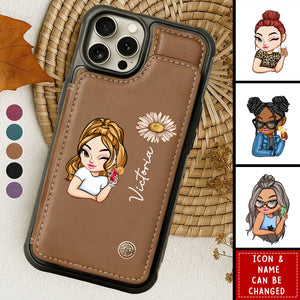 Sassy Girl Cartoon Character - Personalized Leather Flip Wallet Phone Case