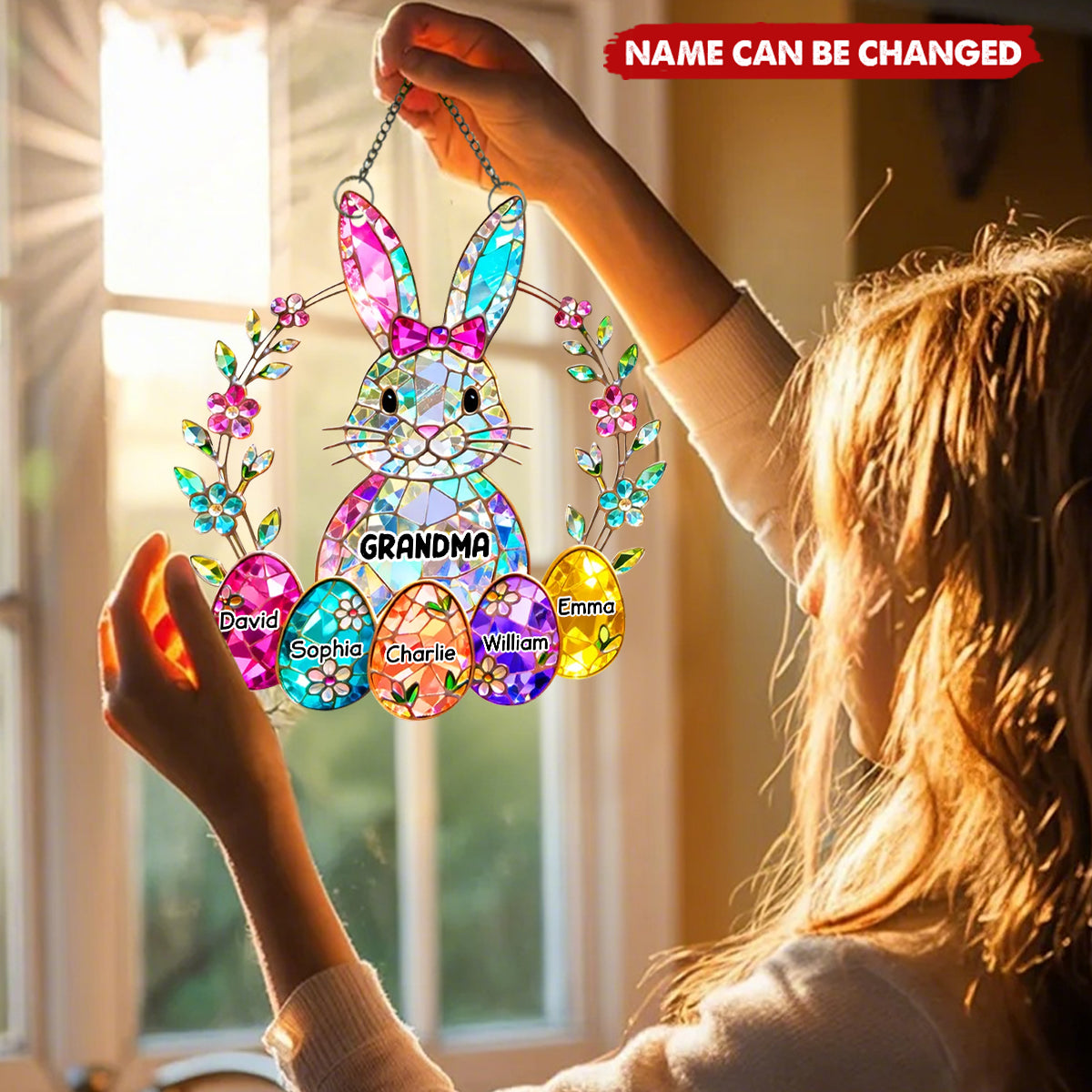 Bunny Grandma Easter Gift - Personalized Stained Glass Suncatcher Ornament - Easter Decor for Grandma