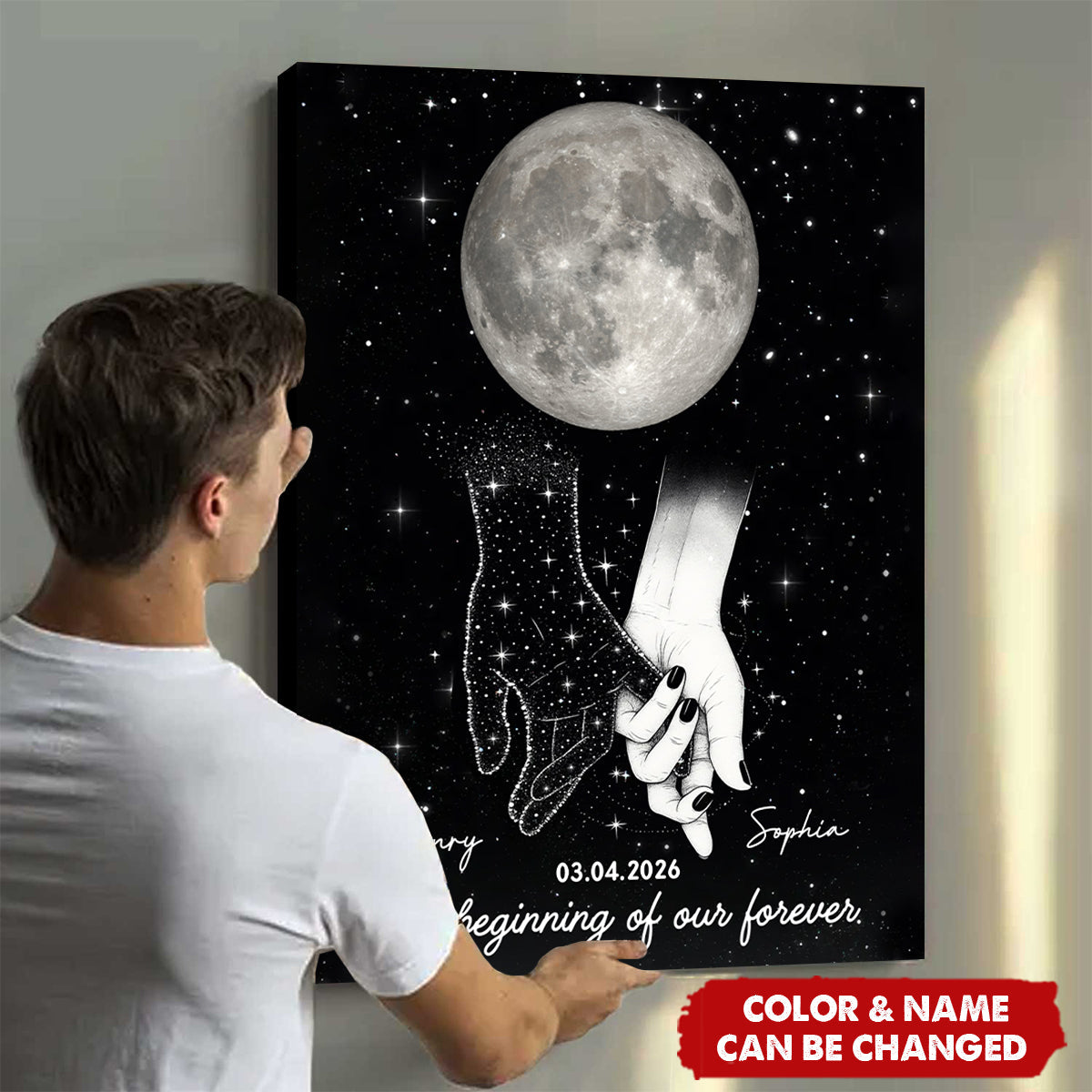 Galaxy Night Couple Holding Hands Custom Moon Phase Anniversary Date Poster -  Wedding Gift For Couple
