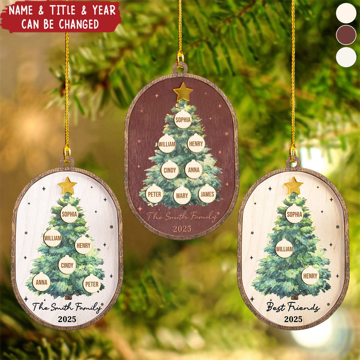 Family Christmas Tree Water Color Personalized 2-Layered Wooden Ornament