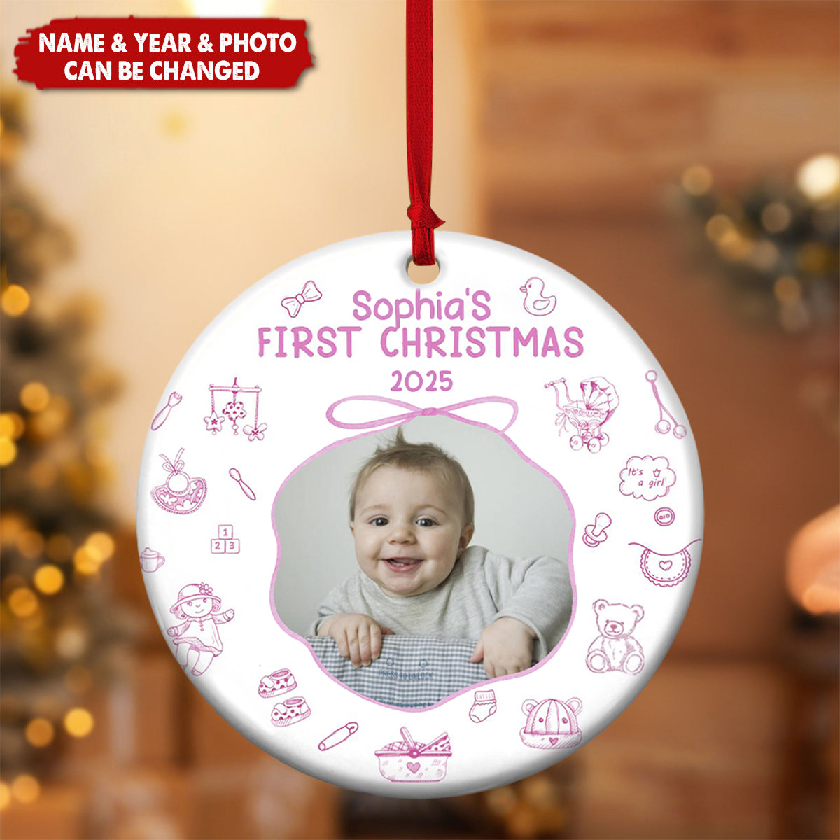Baby First Christmas Toile De Jouy - Personalized Ceramic Photo Ornament
