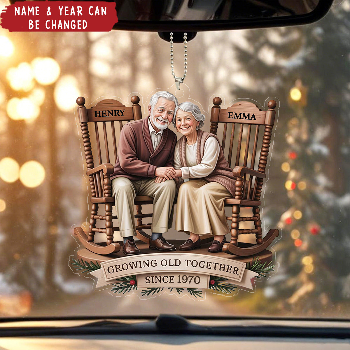 Growing Old Together Couple Sitting On Rocking Chairs Personalized Car Ornament
