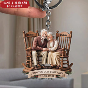 Growing Old Together Couple Sitting On Rocking Chairs Personalized Keychain