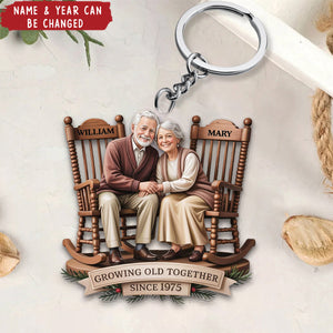 Growing Old Together Couple Sitting On Rocking Chairs Personalized Keychain