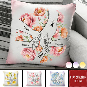 Hand In Hand, Birth Flower I Will Always Protect You - Gift For Mom, Grandma - Personalized Pillow