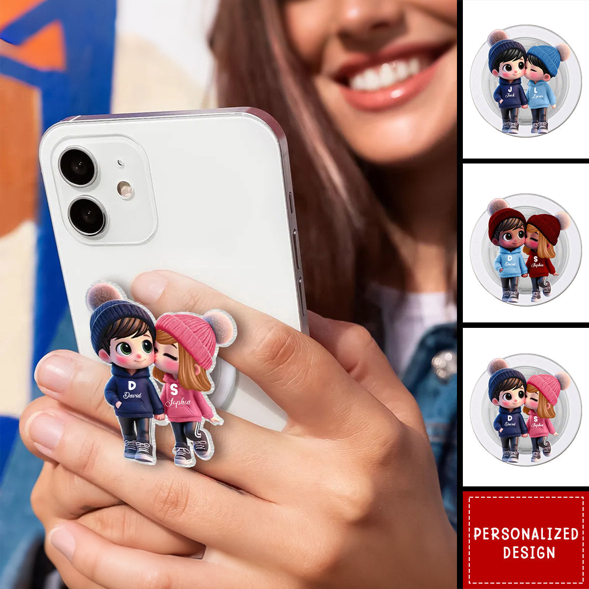 Cute Cartoon Couple Walking Personalized Acrylic Magnetic Phone Grip, Unique Gift for Couples