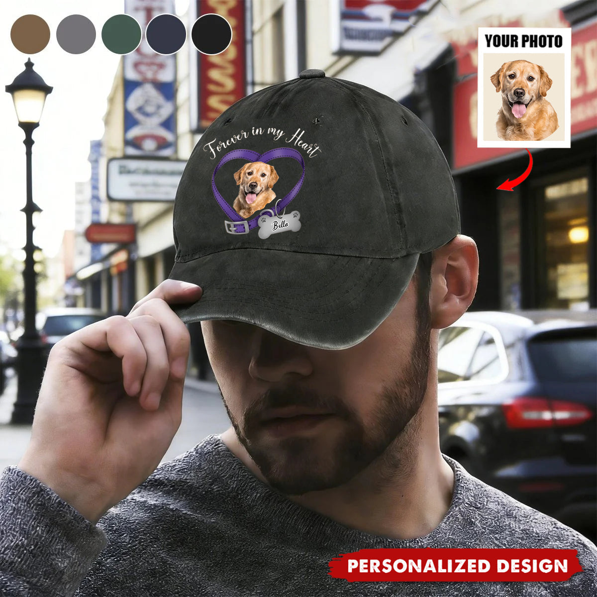 Custom Photo Forever In My Heart Dog Memorial Distressed Denim Cap