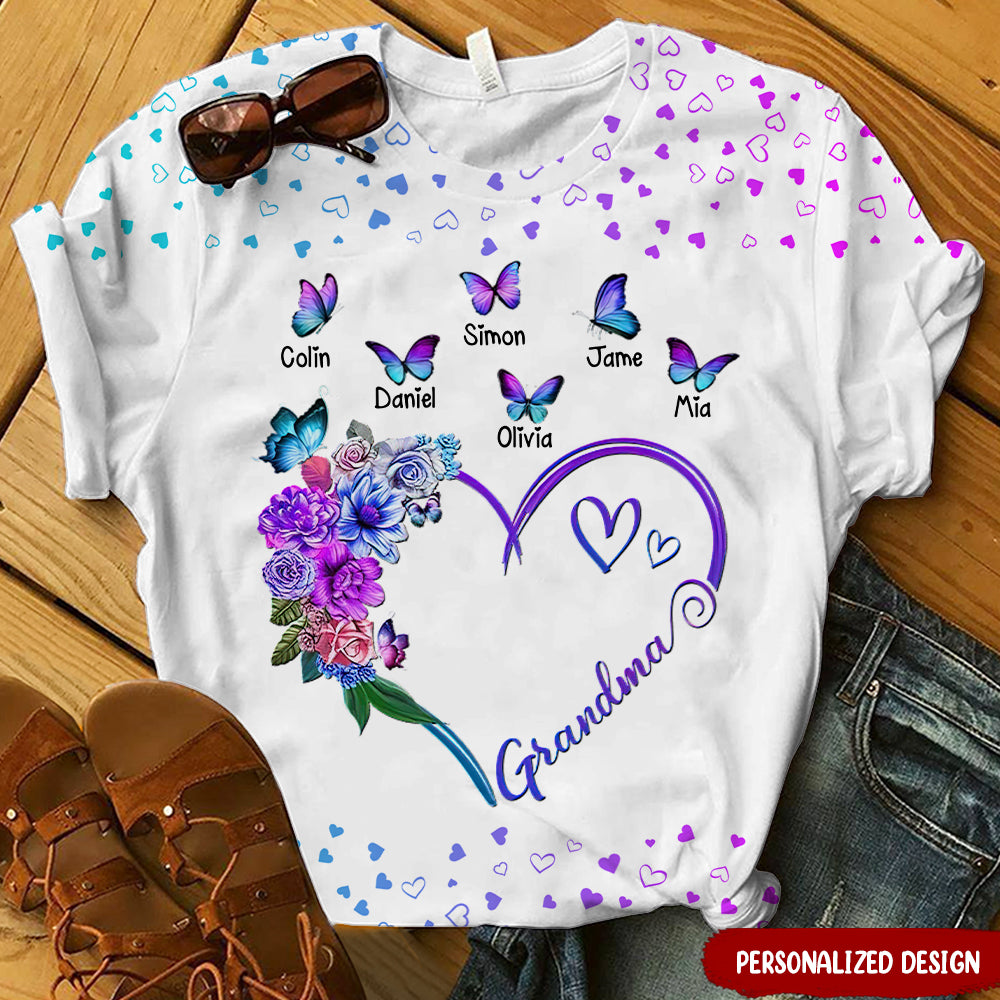 Colorful Floral Heart Grandma Auntie Mom Butterfly Kids Personalized 3D T-shirt