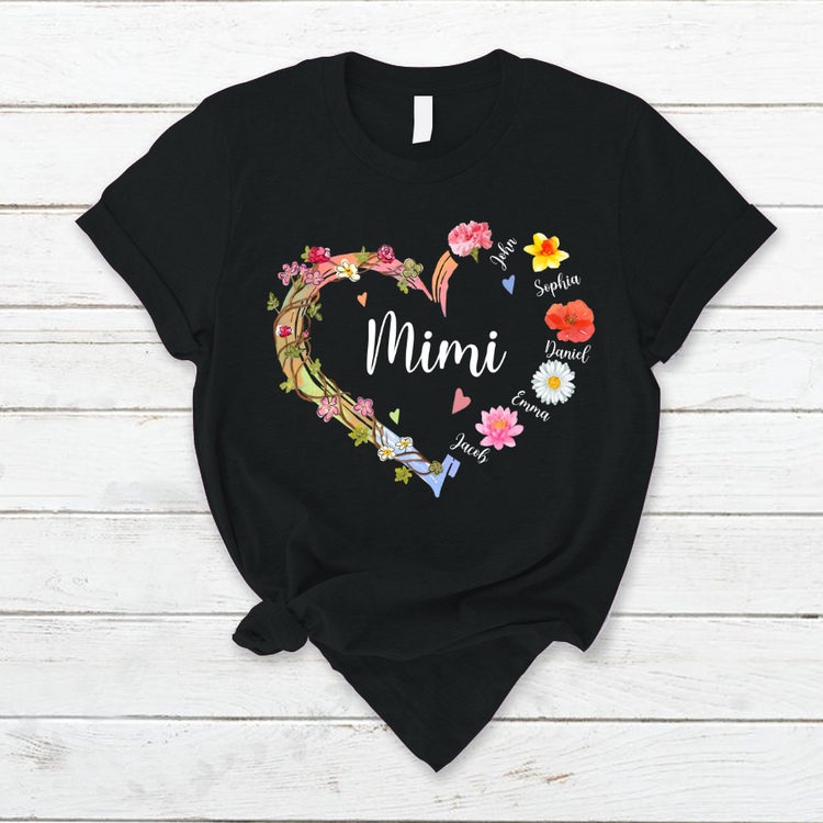 Personalized Grandma / Mom And Kid Flower Heart T-Shirt