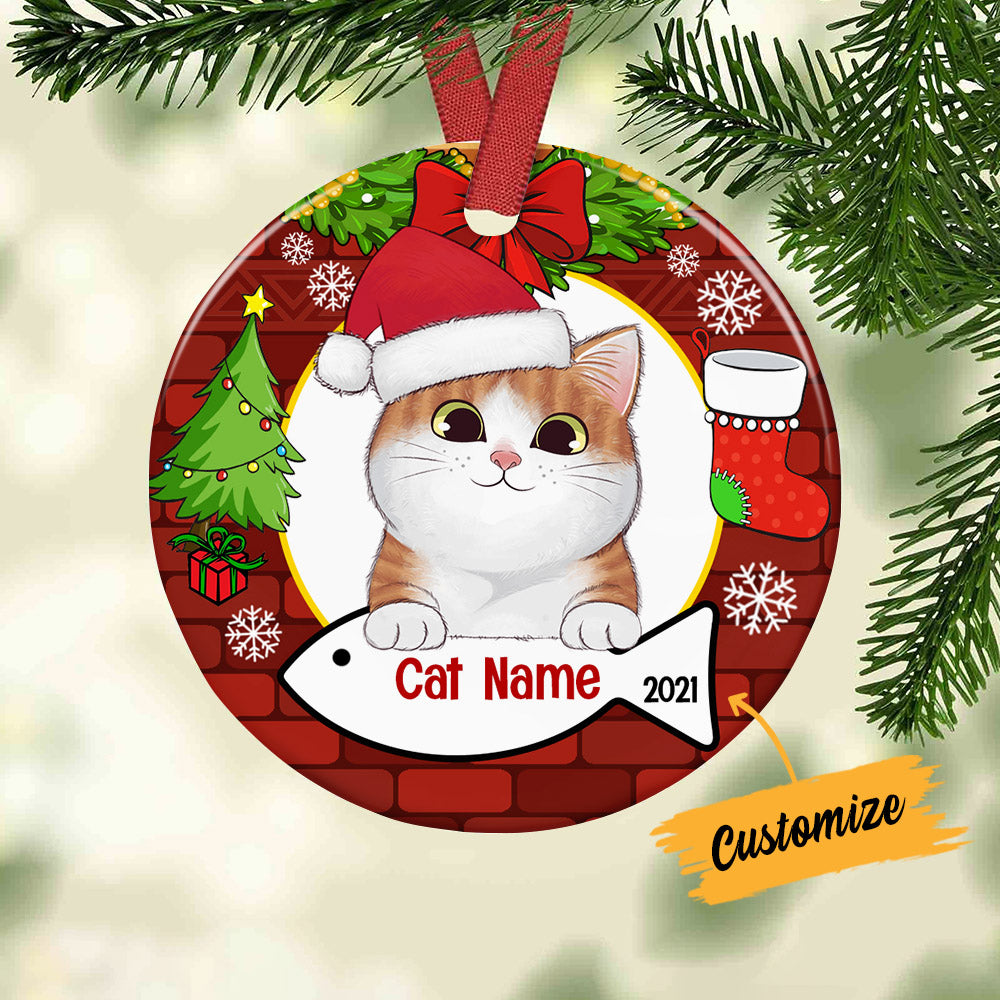 Personalized Cat Wreath Christmas Circle Ornament