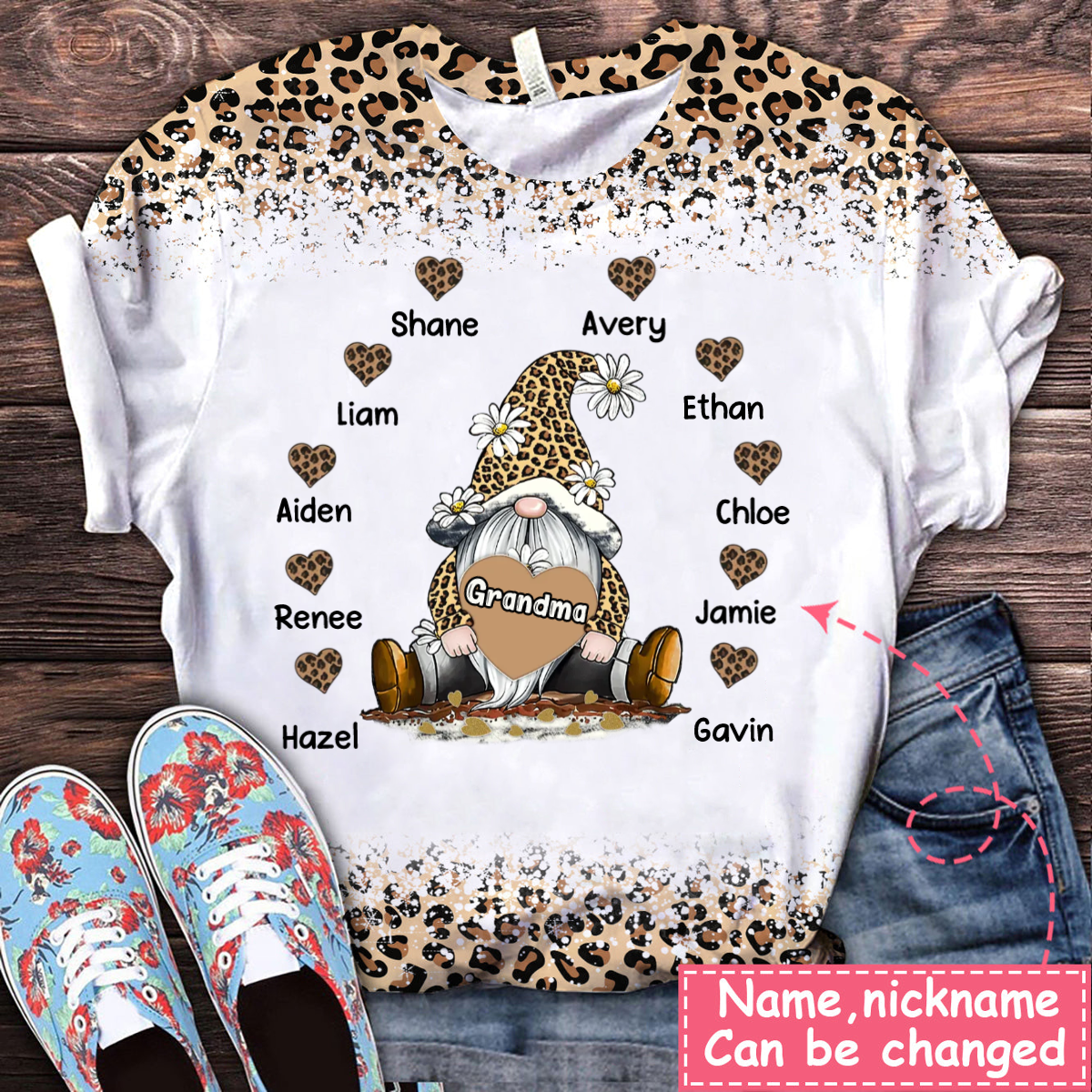 Personalized Grandma Mom Heart Kids Leopard Design T-shirt