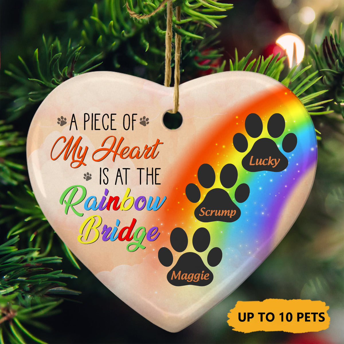 A Piece Of My Heart Is At The Rainbow Bridge - Dog Memorial Gift - Personalized Heart Ceramic Ornament