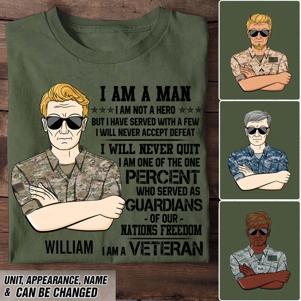 Personalized US Soldier/ Veteran I AM A MAN NOT HERO I WILL NEVER ACCEPT DEFEAT Tshirts