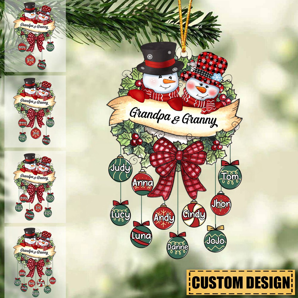 Snowman Grandpa & Grandma Mom & Dad Christmas Ball Kids Personalized Acrylic Ornament