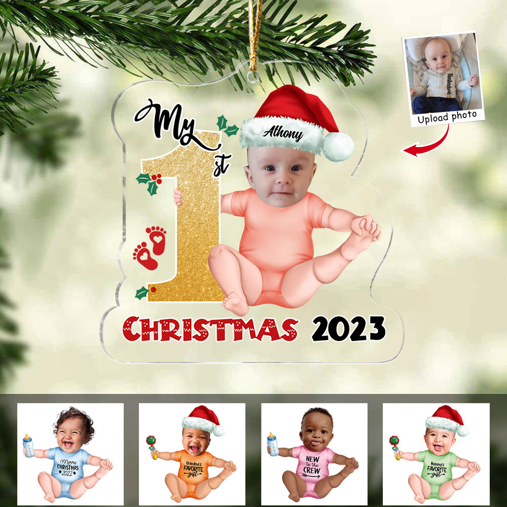 Transparent Ornament - Custom Acrylic Ornament from Photo - Baby Onesie - My First Christmas 2023