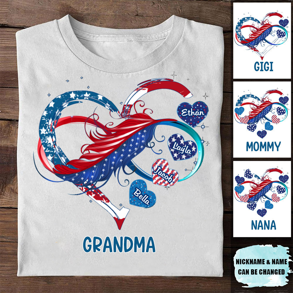 Grandma/Mom And Grandkids Hearts American Flag T-Shirt