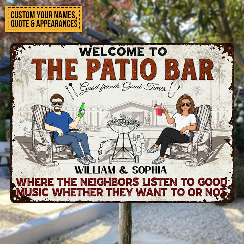 Patio Grilling Listen To The Good Music Couple Husband Wife - Backyard Sign - Personalized Custom Classic Metal Signs