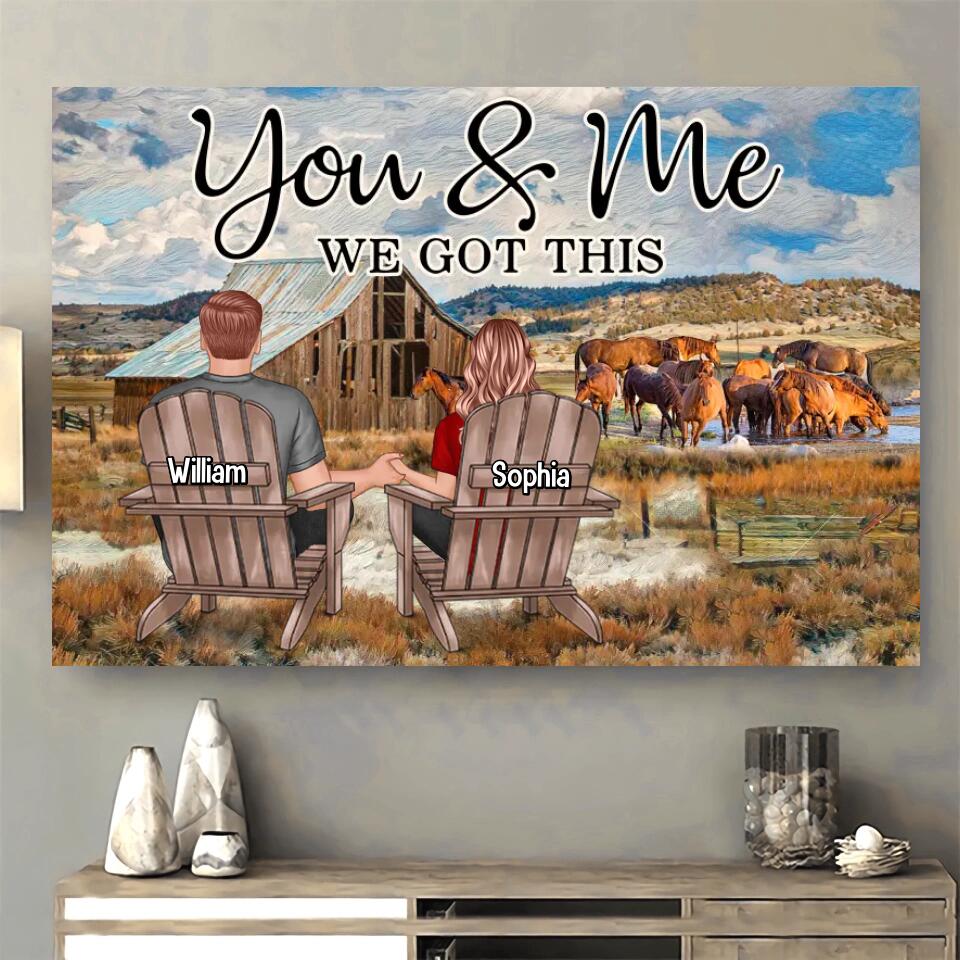 PERSONALIZED BACK VIEW COUPLE SITTING FARM LANDSCAPE AND HORSE YOU & ME WE GOT THIS POSTER