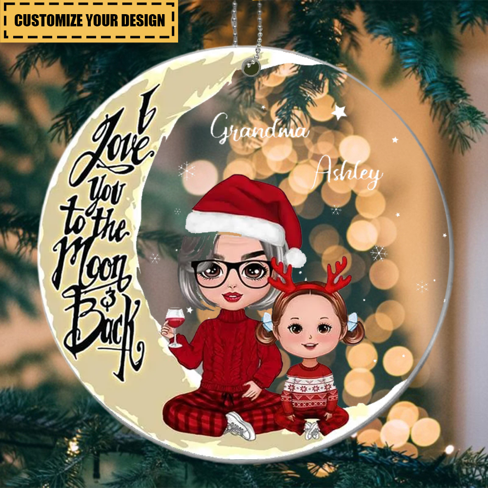 Doll Grandma & Grandkids On Yellow Moon Snow Personalized Acrylic Ornament