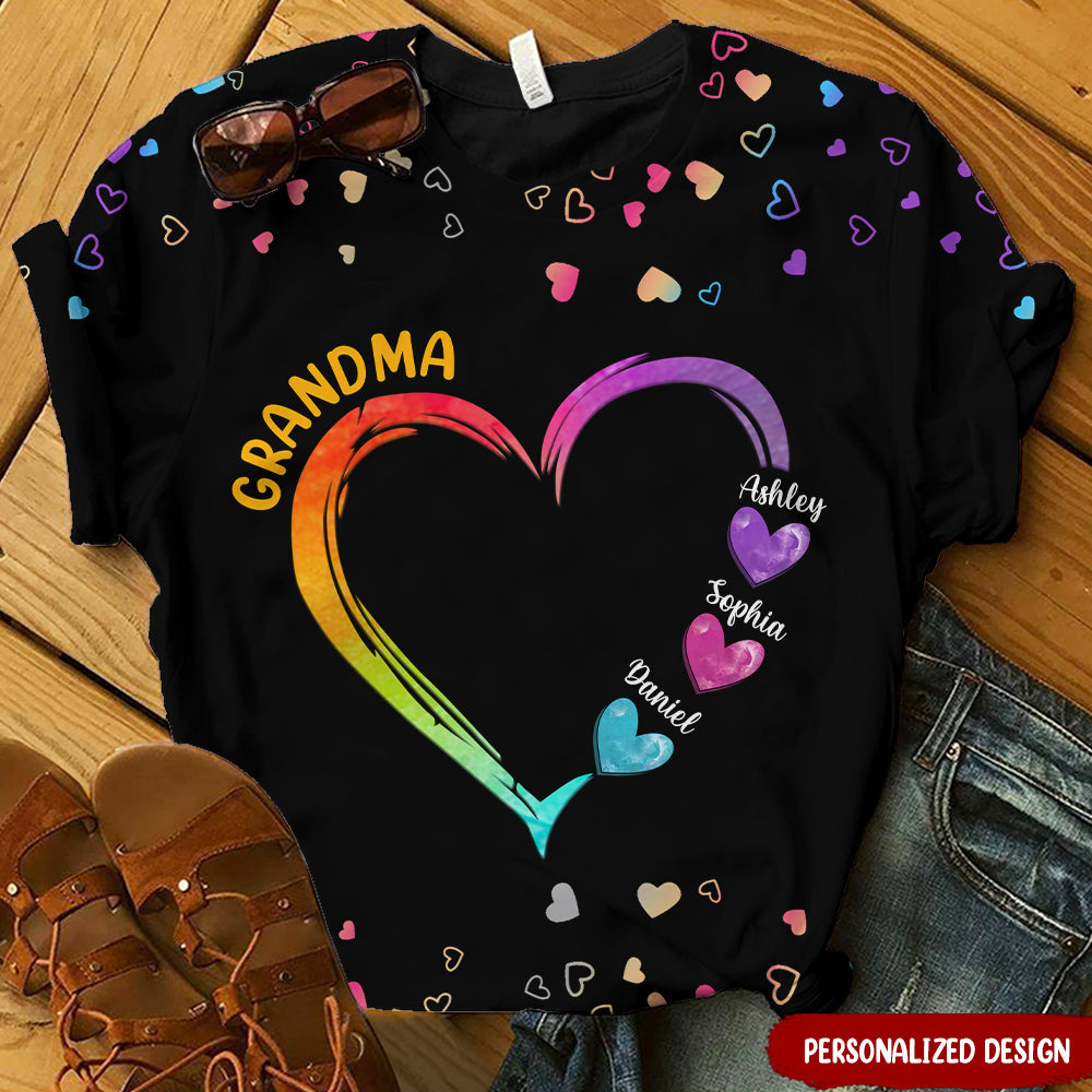 Colorful Rainbow Heart Grandma Mom Kids, Best Gift For Nana Mum Personalized 3D Shirt