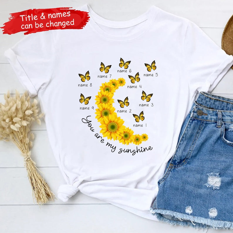 Personalized Grandchildren Grandma/Mom Shirt, Butterfly Sunflowers Nana Shirt, Custom Kids Name Shirt,You Are My Sunshine