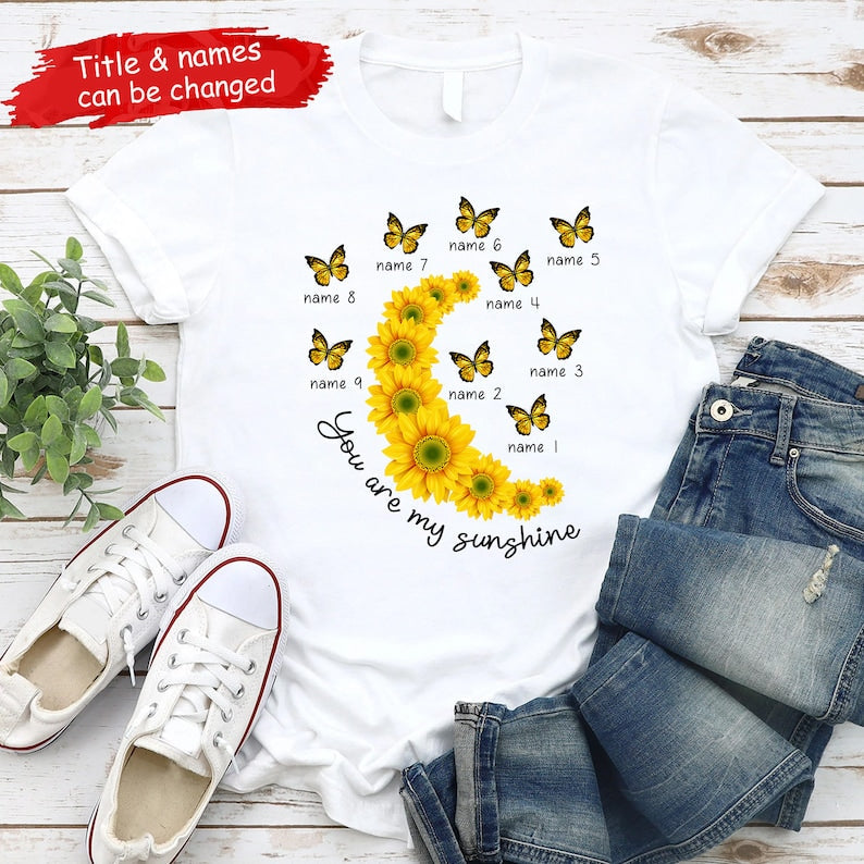 Personalized Grandchildren Grandma/Mom Shirt, Butterfly Sunflowers Nana Shirt, Custom Kids Name Shirt,You Are My Sunshine