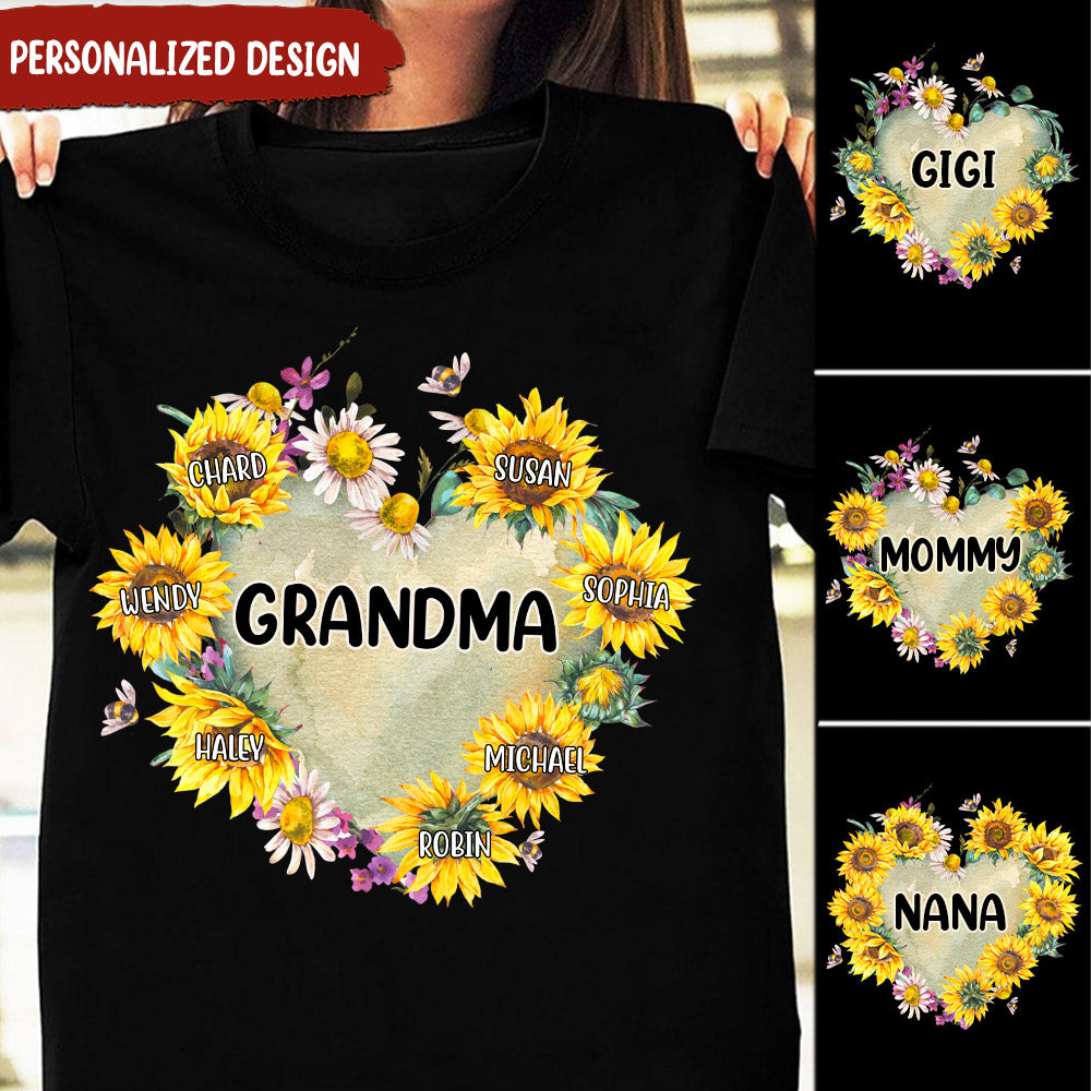 Personalized Grandma Hearts Sunflower T-Shirt with Custom Kid names T-shirt Perfect Gift Present for Grandmas Moms Aunties