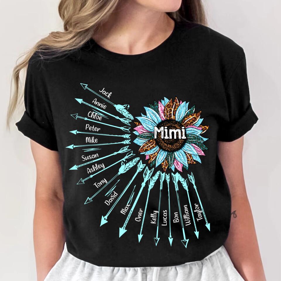 Personalized Grandma & Kid's Name Arrow Sunflower Colorful Tshirts