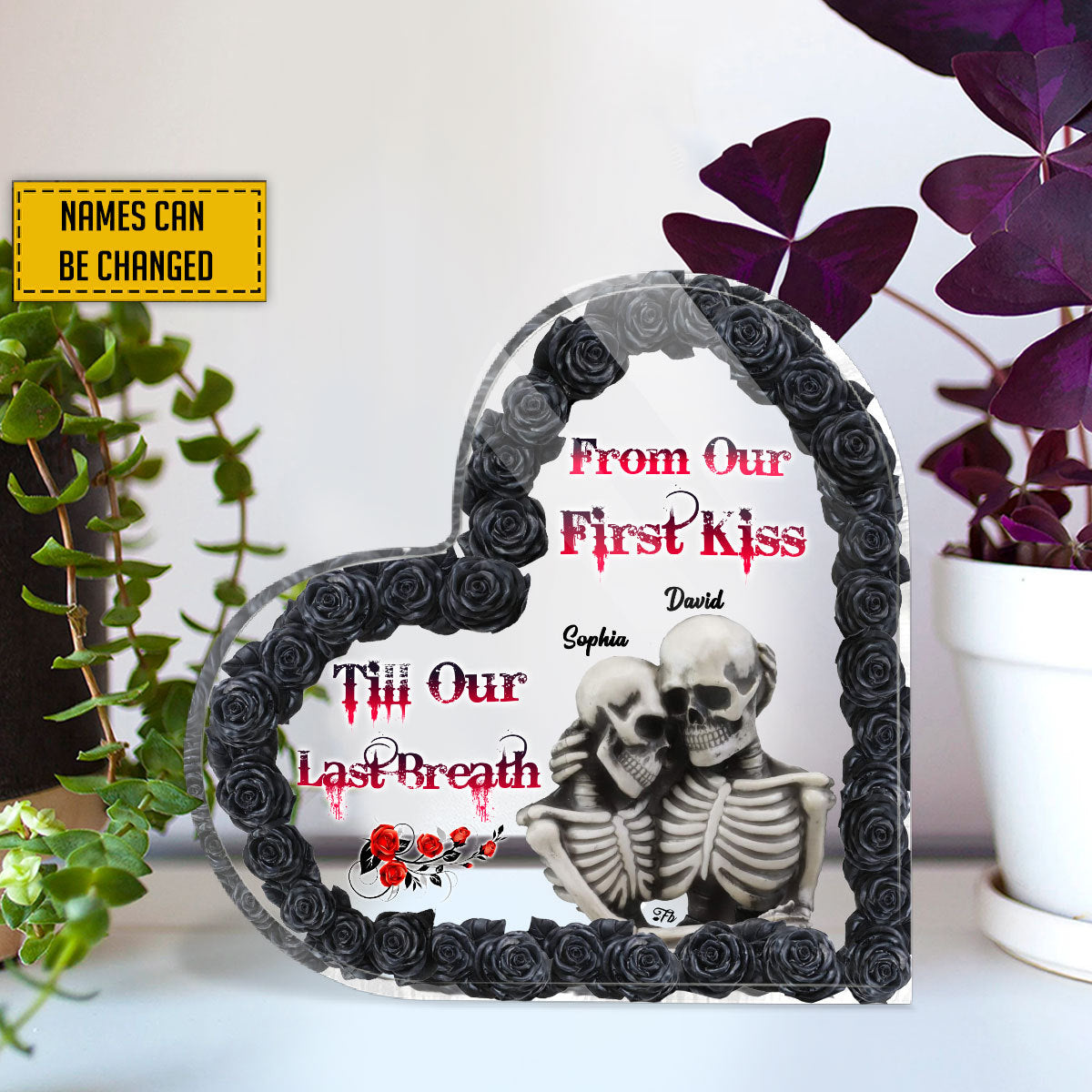 Skull Couple Black Rose Couple Gift - Personalized Heart-Shaped Acrylic Plaque