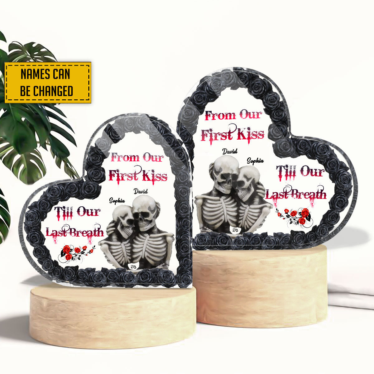 Skull Couple Black Rose Couple Gift - Personalized Heart-Shaped Acrylic Plaque