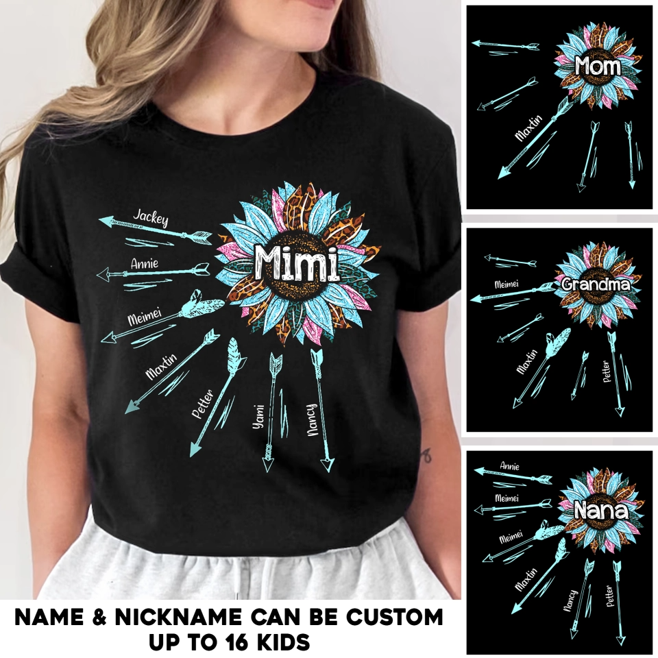 Personalized Grandma & Kid's Name Arrow Sunflower Colorful Tshirts