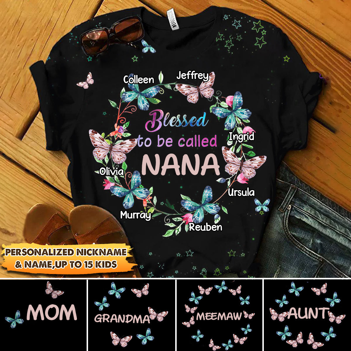 Personalized Wreath Butterfly Star Grandma/Mom Kids T-shirt