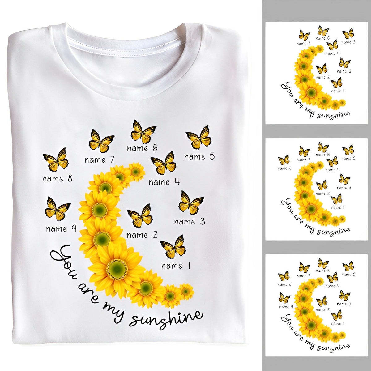 Personalized Grandchildren Grandma/Mom Shirt, Butterfly Sunflowers Nana Shirt, Custom Kids Name Shirt,You Are My Sunshine
